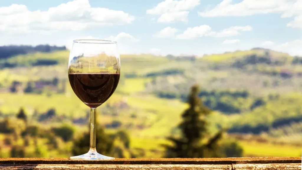 Calice di vino rosso con vista panoramica sulle colline del Chianti